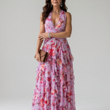 Donnabelle™ | Vestido Maxi Floral con Escote Halter y Cuerpo Fruncido
