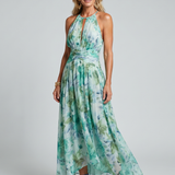 Donnabelle™ | Vestido Midi de Patrón Floral Suave con Escote Halter Plisado