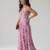 Donnabelle™ | Vestido Maxi Floral con Escote Halter y Cuerpo Fruncido