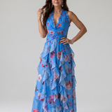 Donnabelle™ | Vestido Maxi Floral con Escote Halter y Cuerpo Fruncido