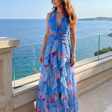 Donnabelle™ | Vestido Maxi Floral con Escote Halter y Cuerpo Fruncido