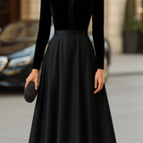 Ava | Elegante Vestido Midi de Terciopelo Negro y Satén